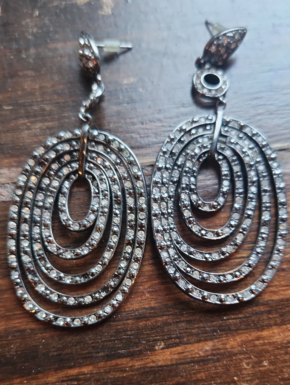 Rhinestone Multi-Row Oval Drop Earrings - Silver Tone